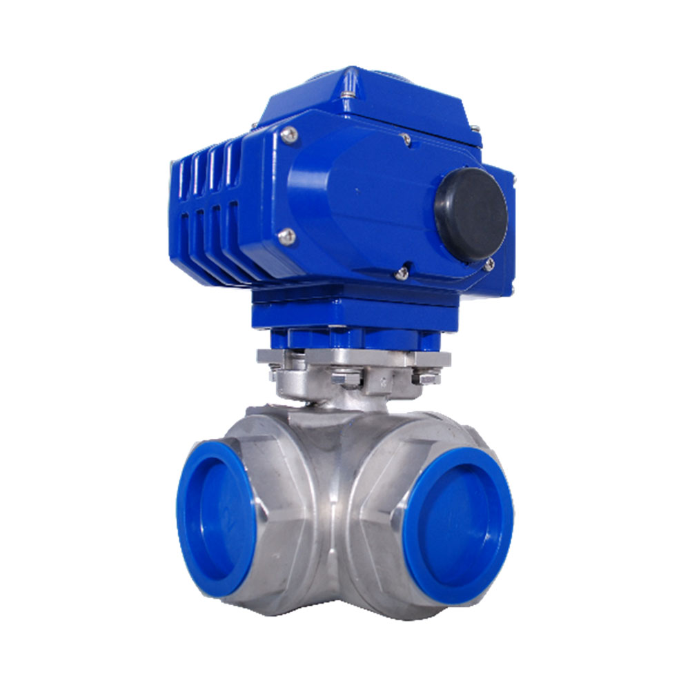 STAINLESS STEEL 3 WAY T TYPE REDUCED PORT BALL VALVE WITH ELECTRIC ACTUATOR