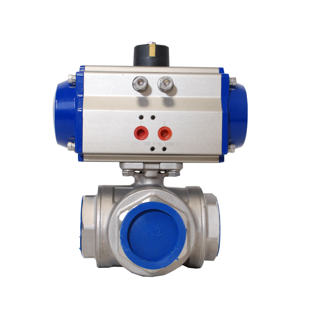 3 WAY L TYPE STAINLESS STEEL BALL VALVE WITH PNEUMATIC ACTUATOR